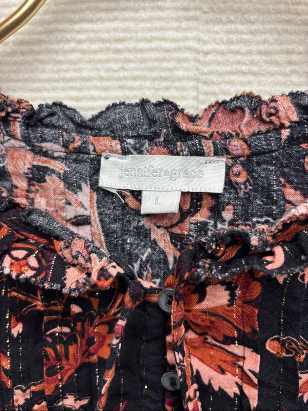 Jennifer & Grace | large boho Ruffle Long-Sleeve Blouse - Black with Rust Floral - Picture 4 of 5